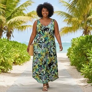 Catherines Floral Print Sleeveless Maxi Dress Resortwear Tropical Cruise Plus 1X